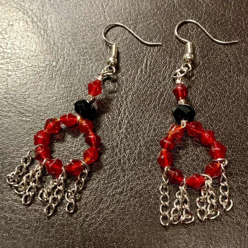 ❤️5/$15 Handcrafted Red Glass Hoops  Silver Chains Beaded Earrings